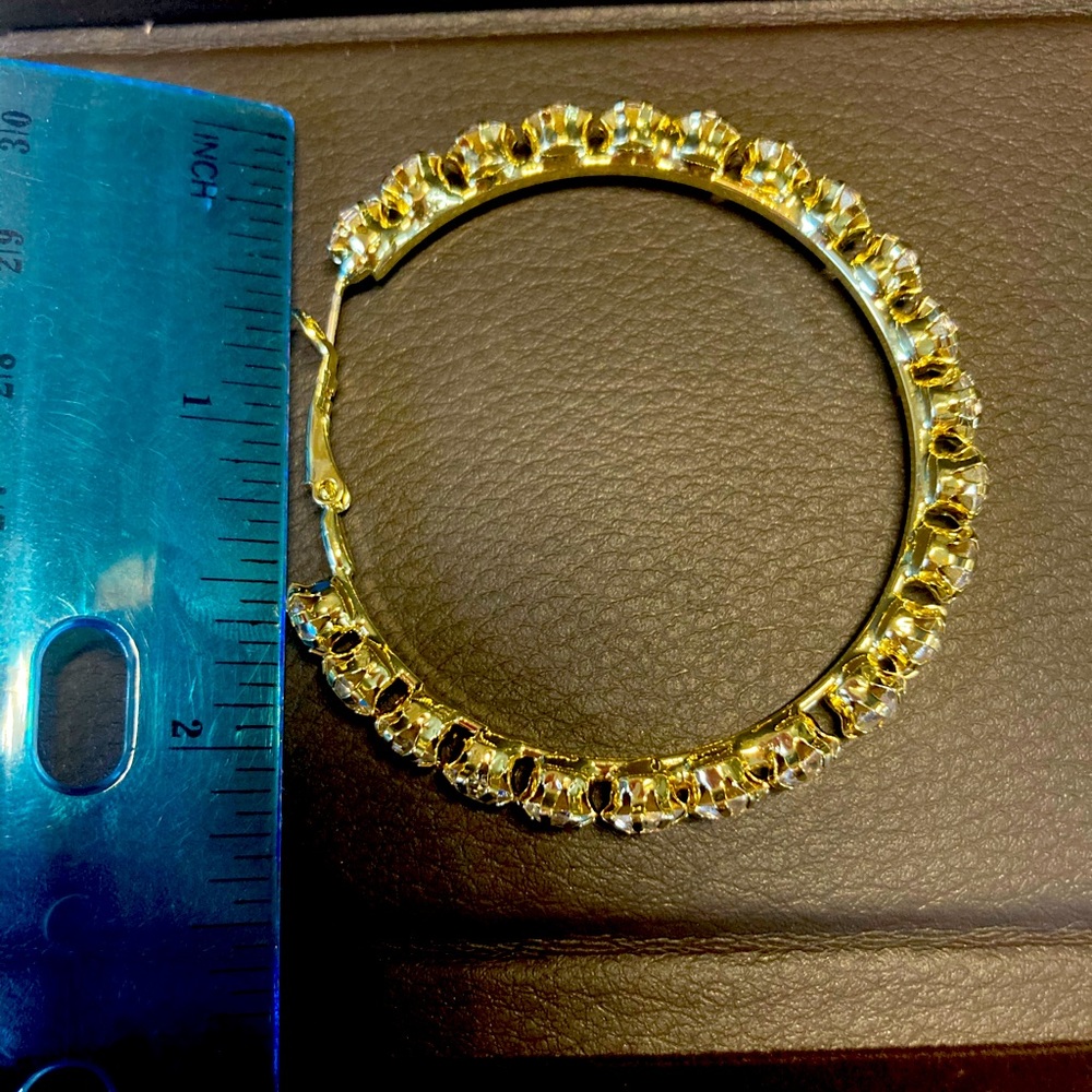 Gold Plated Rhinestone Big Hoop Earrings - Picture 5 of 5